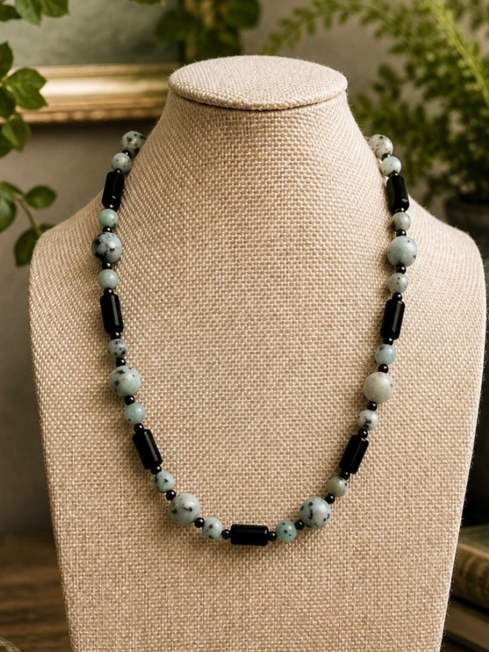 Unisex Kiwi Jasper, Black Onyx and Hematite necklace - Picture 2 of 5